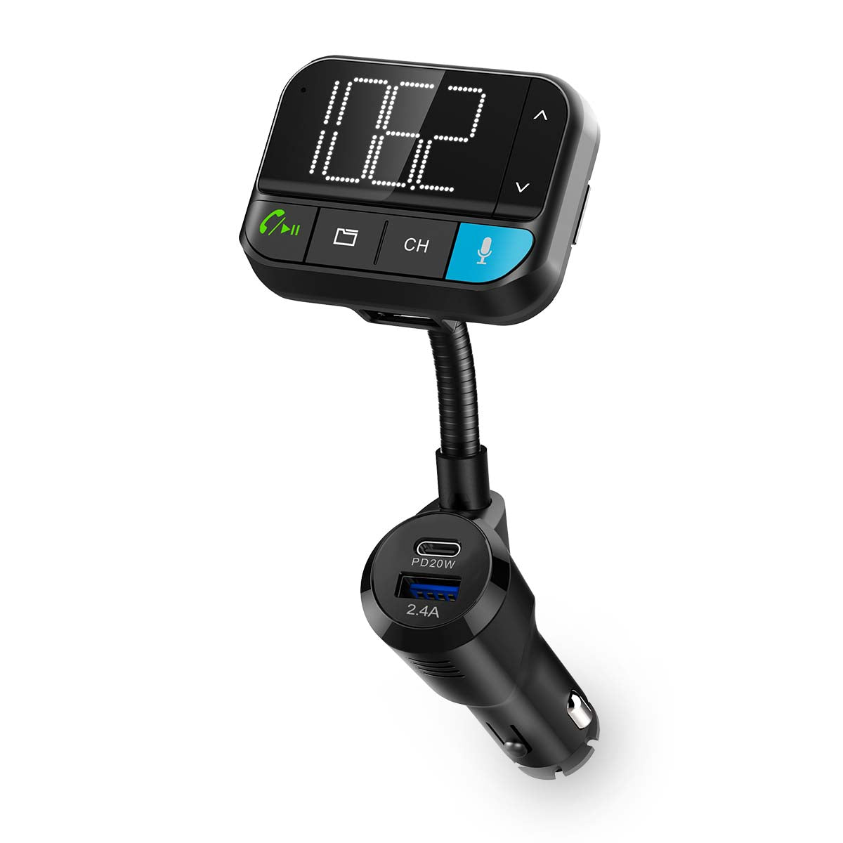 Kfz Audio FM Transmitter | Schwanenhals | freisprechend | 2 " | Scharz-weiß Monitor | Bluetooth® | PD 20 W / QC 3.0 | Schnellladung | Bass Boost | Google Assistant / Siri | Schwarz