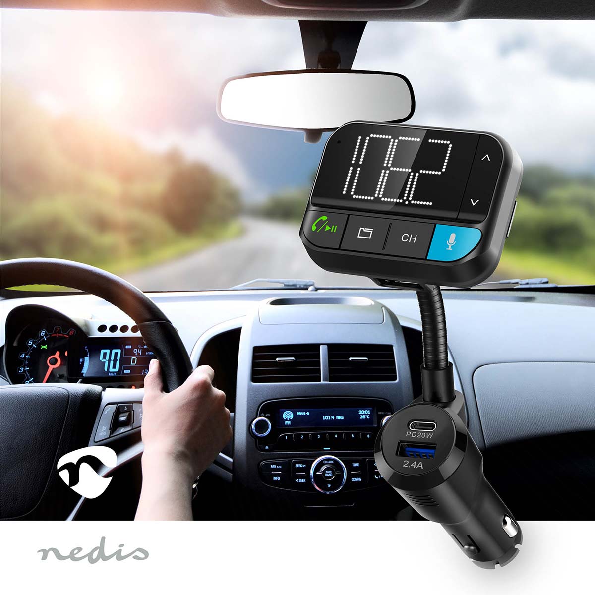 Kfz Audio FM Transmitter | Schwanenhals | freisprechend | 2 " | Scharz-weiß Monitor | Bluetooth® | PD 20 W / QC 3.0 | Schnellladung | Bass Boost | Google Assistant / Siri | Schwarz