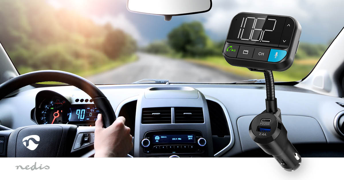 Kfz Audio FM Transmitter | Schwanenhals | freisprechend | 2 " | Scharz-weiß Monitor | Bluetooth® | PD 20 W / QC 3.0 | Schnellladung | Bass Boost | Google Assistant / Siri | Schwarz
