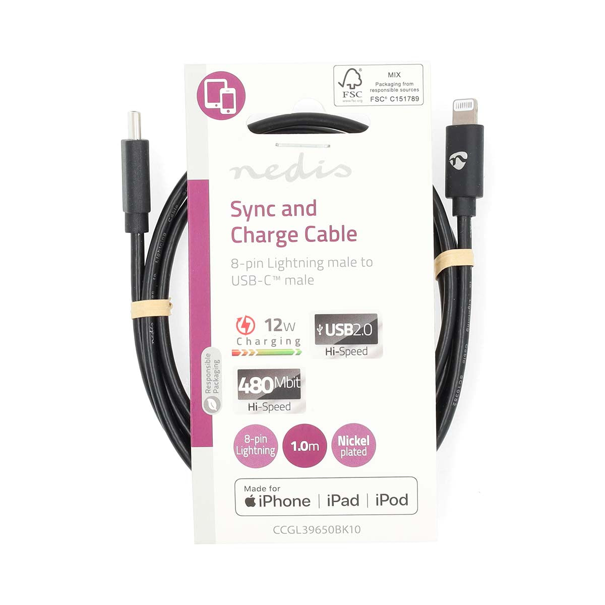 Lightning Kabel | USB 2.0 | Apple Lightning 8-Pin | USB-C™ Stecker | 480 Mbps | Vernickelt | 1.00 m | Rund | PVC | Schwarz | Label