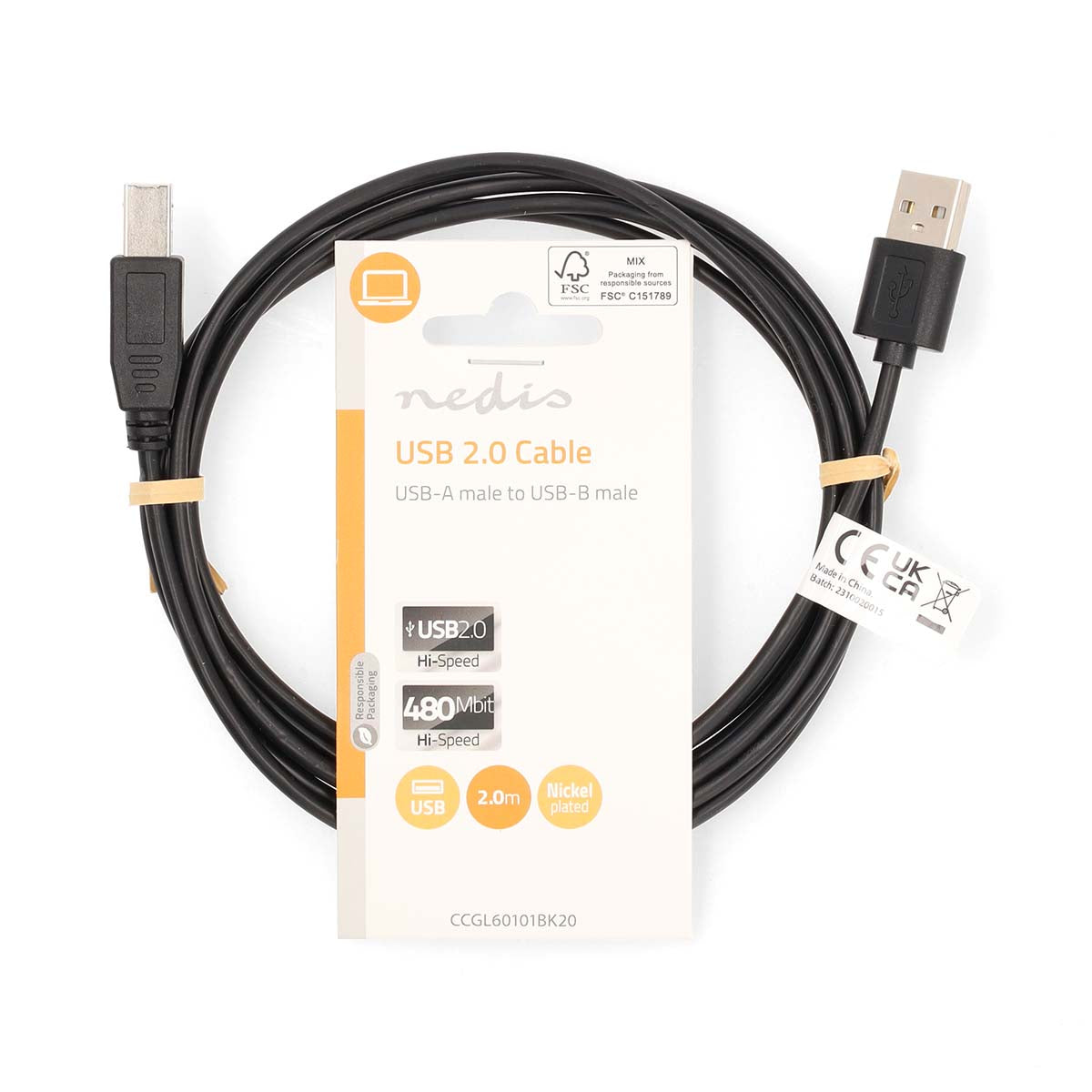 USB-Kabel | USB 2.0 | USB-A Stecker | USB-B Stecker | 480 Mbps | Vernickelt | 2.00 m | Rund | PVC | Schwarz | Label