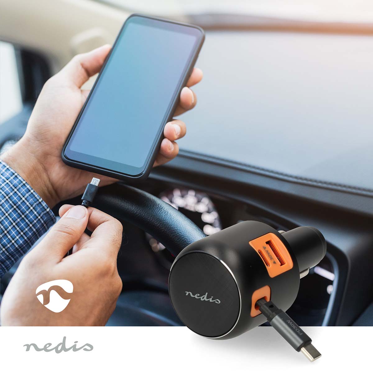 Auto-Ladegerät | 60 W | 2.4 / 3.0 A | Anzahl der Ausgänge: 3 | Port Type: USB-A / USB-C™ | Aufrollbares USB-C™-Kabel | 0.70 m | Automatische Spannungswahl
