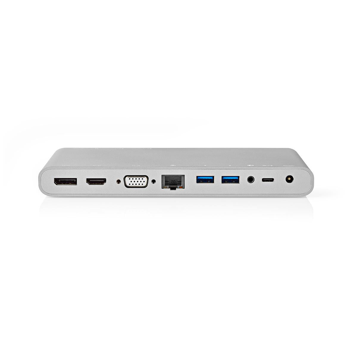 USB Dockingstation | USB 3.2 Gen 1 | USB-C™ Stecker | DisplayPort Buchse / HDMI™ Buchse / RJ45 Buchse / VGA Buchse / 2x 3.5 mm Buchse / 2x USB-C™ / 4x USB-A | 0.20 m | Rund | Vernickelt | Geflochten / Nylon | Weiss | Verpackung mit Sichtfenster und Eurol