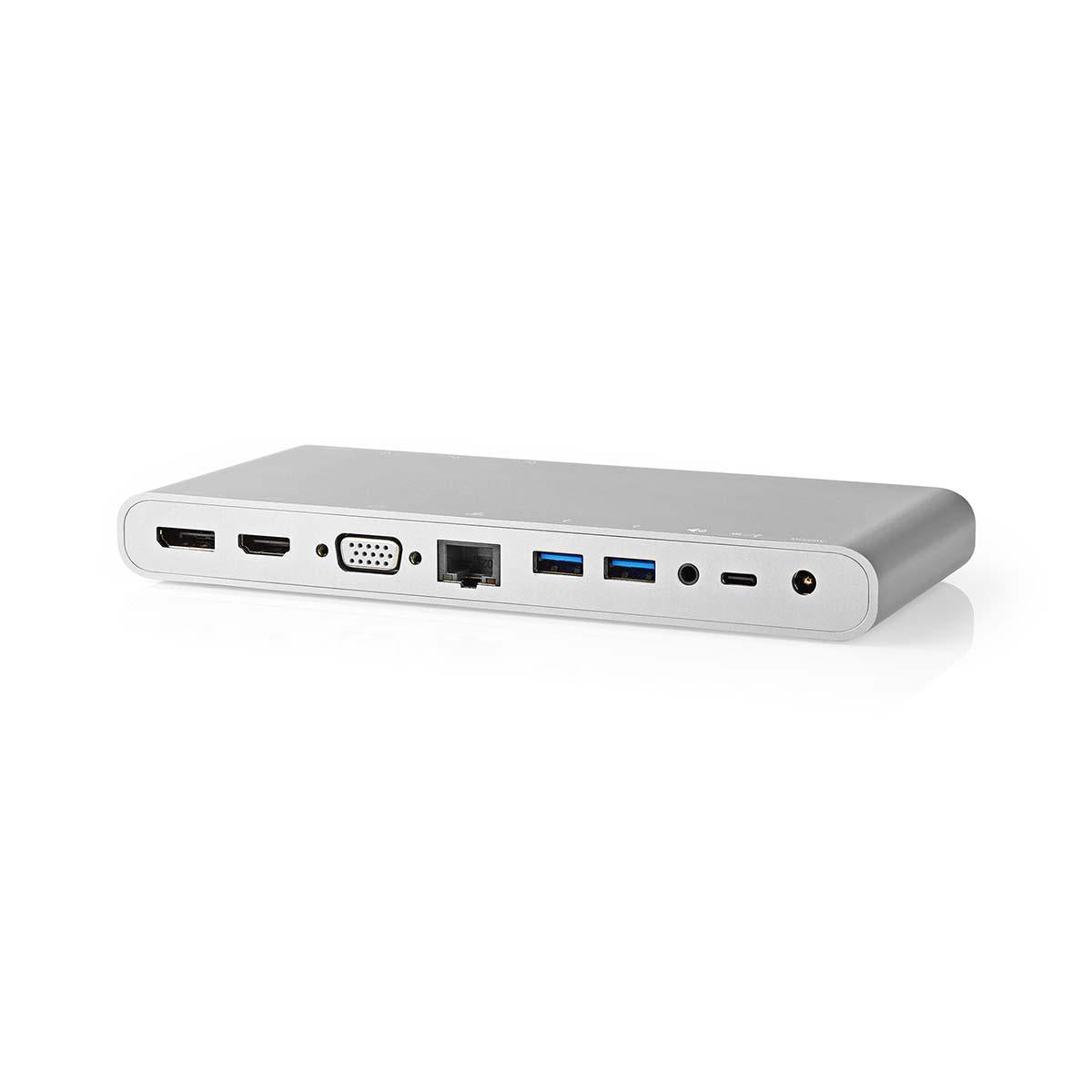 USB Dockingstation | USB 3.2 Gen 1 | USB-C™ Stecker | DisplayPort Buchse / HDMI™ Buchse / RJ45 Buchse / VGA Buchse / 2x 3.5 mm Buchse / 2x USB-C™ / 4x USB-A | 0.20 m | Rund | Vernickelt | Geflochten / Nylon | Weiss | Verpackung mit Sichtfenster und Eurol