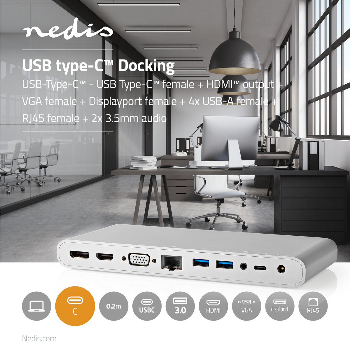 USB Dockingstation | USB 3.2 Gen 1 | USB-C™ Stecker | DisplayPort Buchse / HDMI™ Buchse / RJ45 Buchse / VGA Buchse / 2x 3.5 mm Buchse / 2x USB-C™ / 4x USB-A | 0.20 m | Rund | Vernickelt | Geflochten / Nylon | Weiss | Verpackung mit Sichtfenster und Eurol