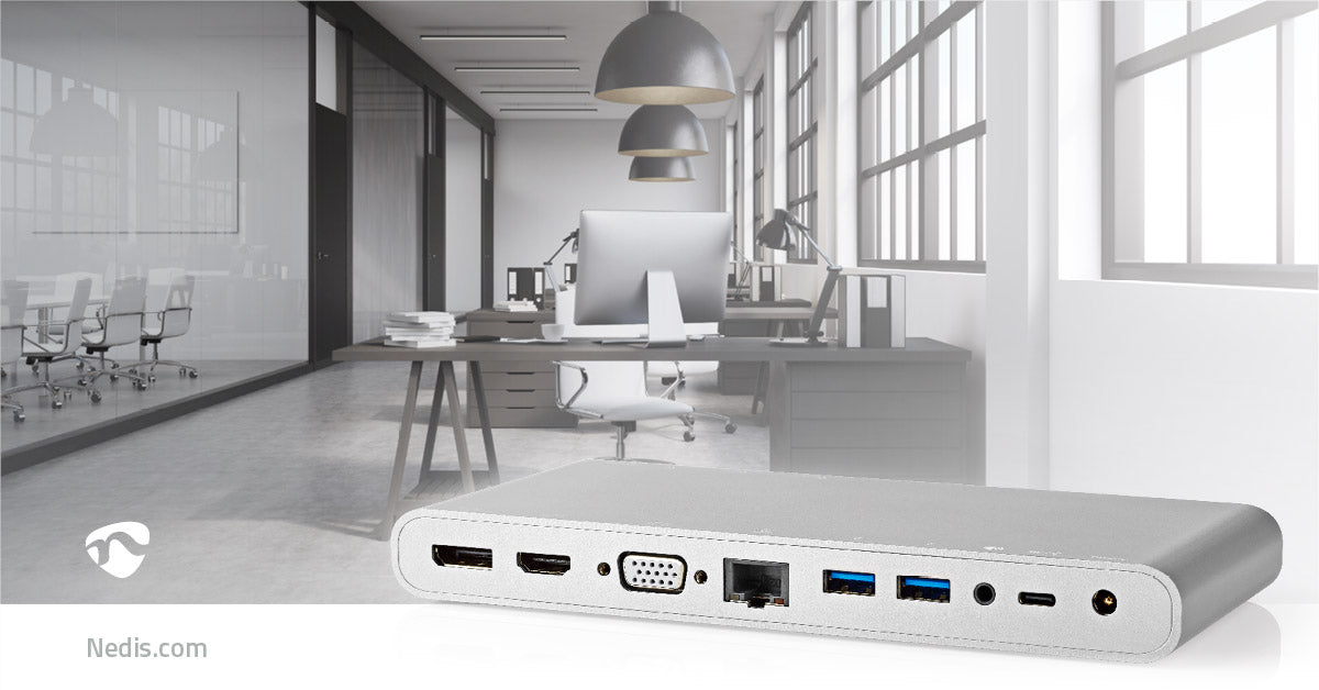 USB Dockingstation | USB 3.2 Gen 1 | USB-C™ Stecker | DisplayPort Buchse / HDMI™ Buchse / RJ45 Buchse / VGA Buchse / 2x 3.5 mm Buchse / 2x USB-C™ / 4x USB-A | 0.20 m | Rund | Vernickelt | Geflochten / Nylon | Weiss | Verpackung mit Sichtfenster und Eurol