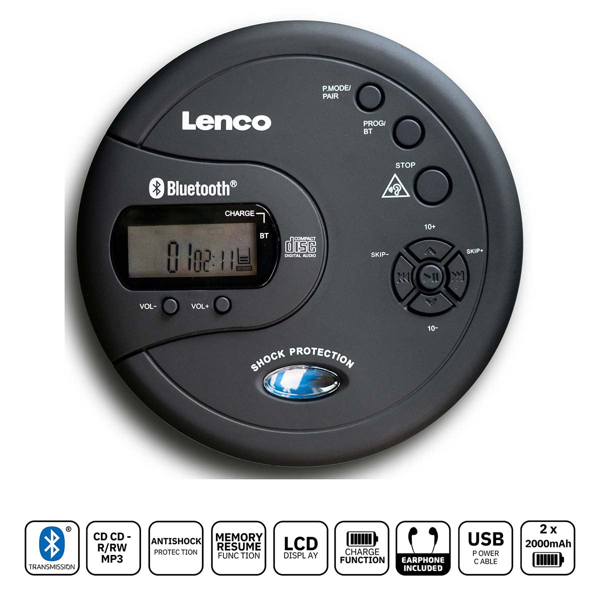 Tragbarer Bluetooth® CD-MP3-Player mit Antiblockiersystem Schwarz