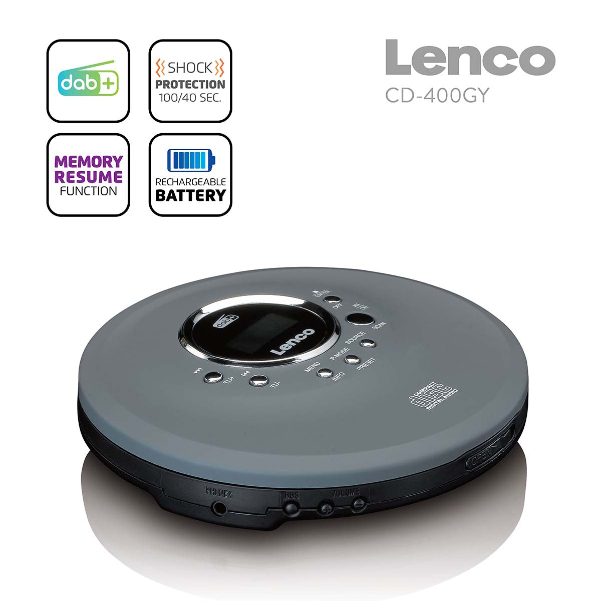 Discman mit DAB+ FM-Radio und wiederaufladbarem Akku Grau
