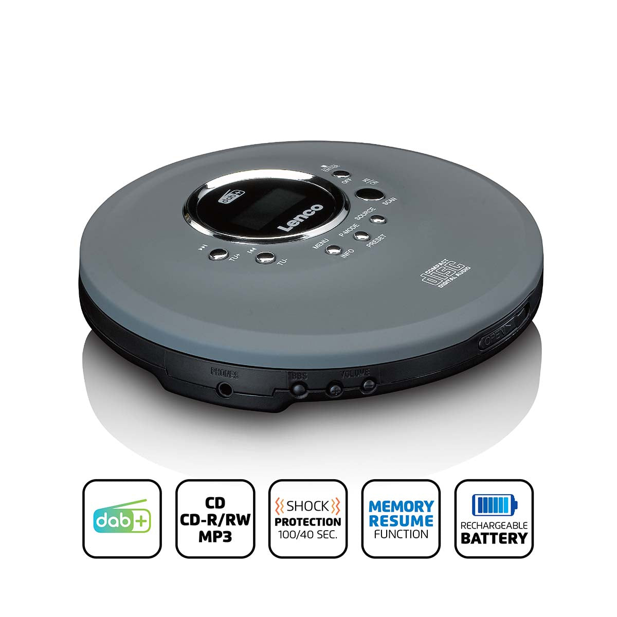 Discman mit DAB+ FM-Radio und wiederaufladbarem Akku Grau