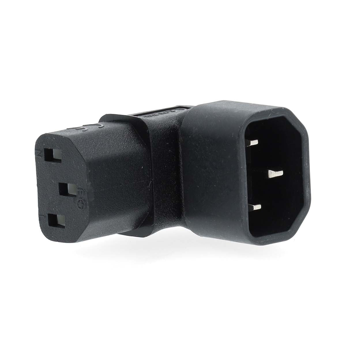 Extension Plug | IEC-320-C13 | IEC-320-C14 | 90° abgewinkelt | Vernickelt | PVC | Schwarz | Box | 1 Stück