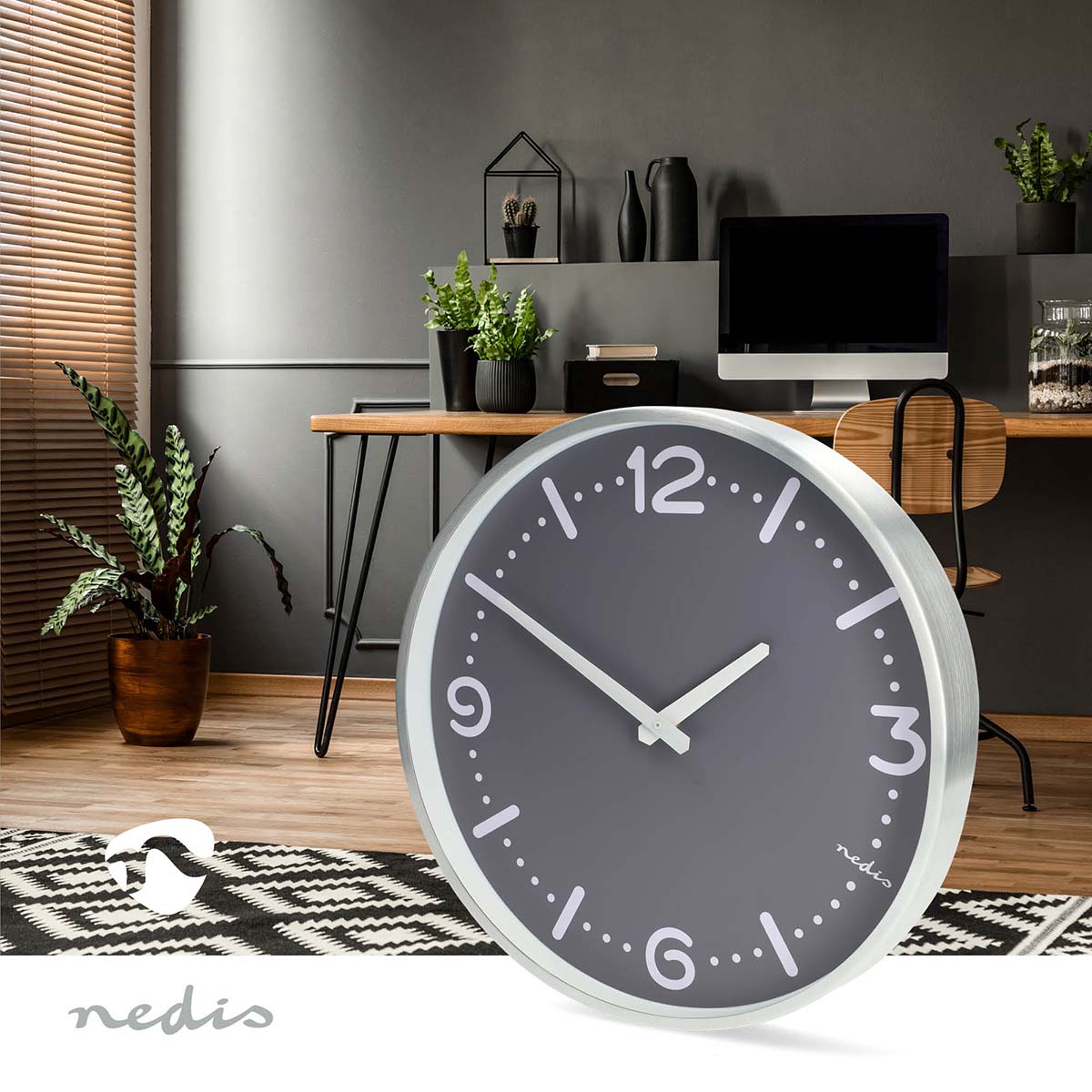 Wanduhr | Durchmesser: 300 mm | Aluminium | Leise Bewegung | Metall