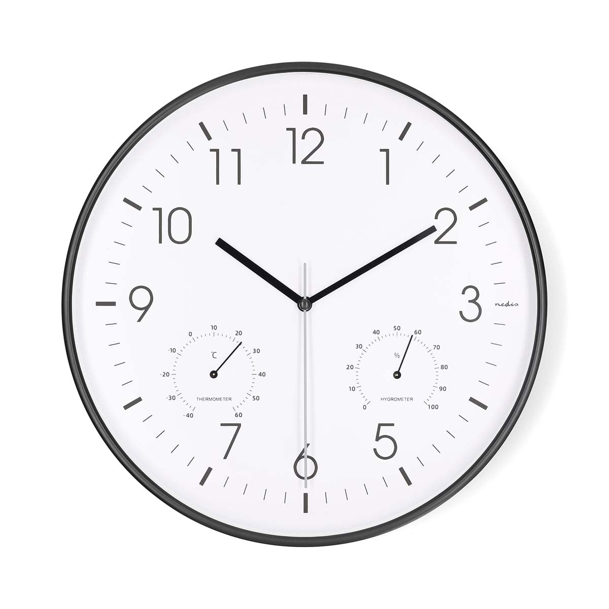 Wanduhr | Durchmesser: 300 mm | Kunststoff | Leise Bewegung | Thermometer | Hygrometer | Schwarz / Weiss
