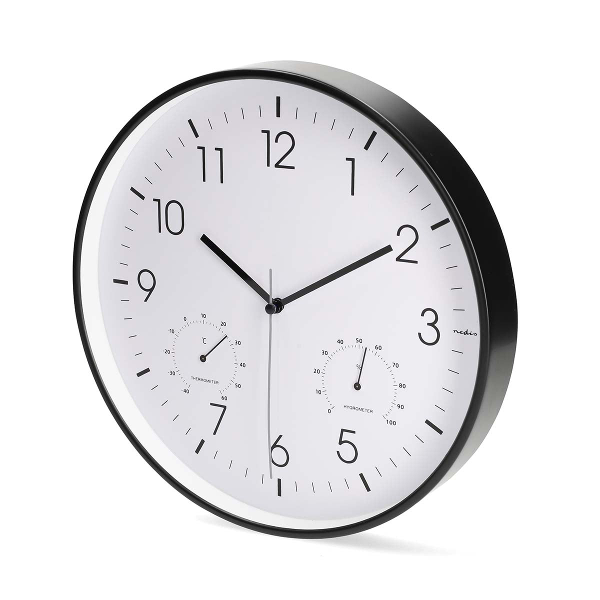 Wanduhr | Durchmesser: 300 mm | Kunststoff | Leise Bewegung | Thermometer | Hygrometer | Schwarz / Weiss