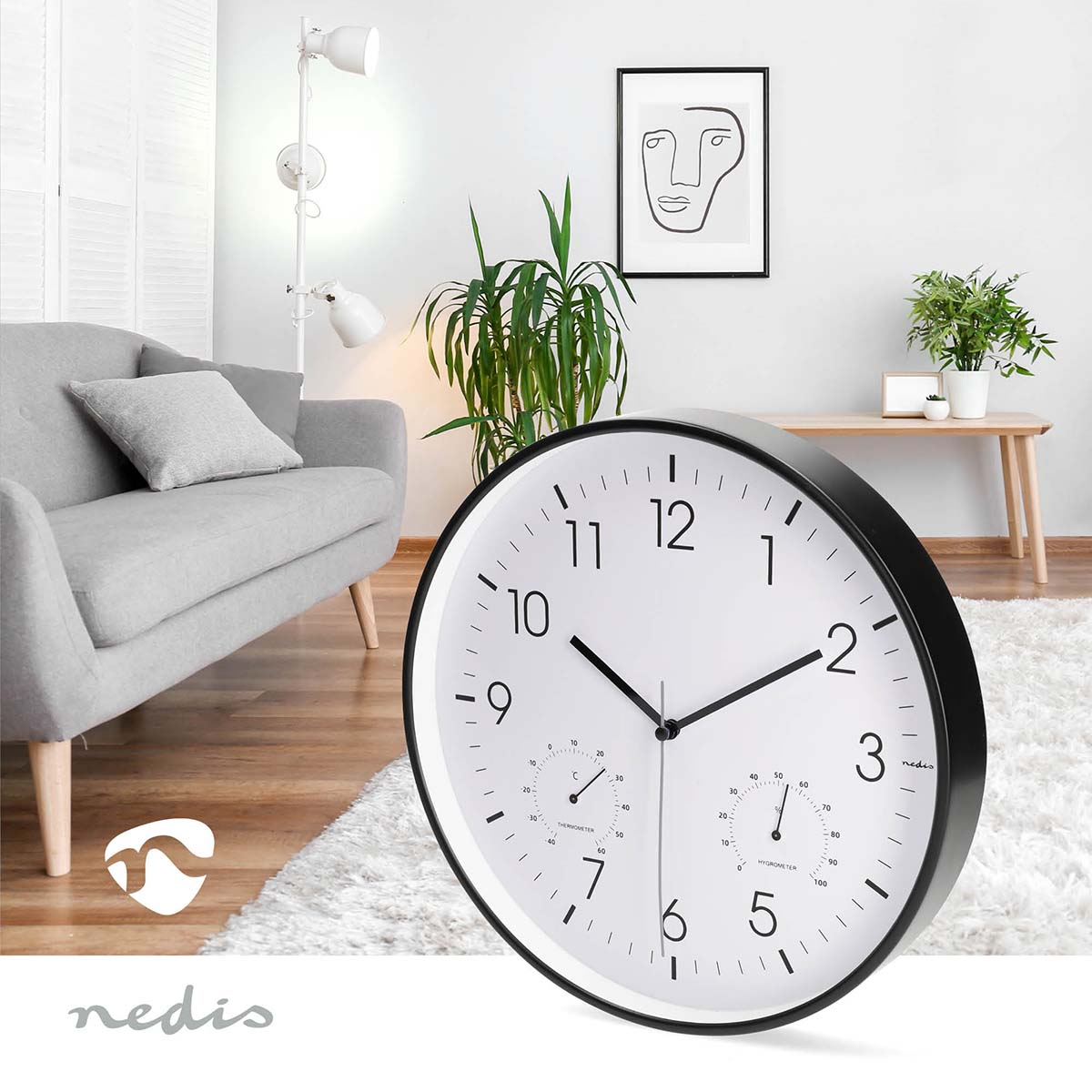 Wanduhr | Durchmesser: 300 mm | Kunststoff | Leise Bewegung | Thermometer | Hygrometer | Schwarz / Weiss