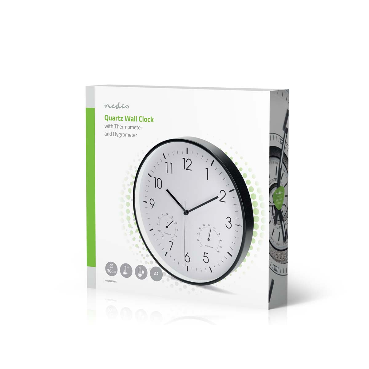 Wanduhr | Durchmesser: 300 mm | Kunststoff | Leise Bewegung | Thermometer | Hygrometer | Schwarz / Weiss