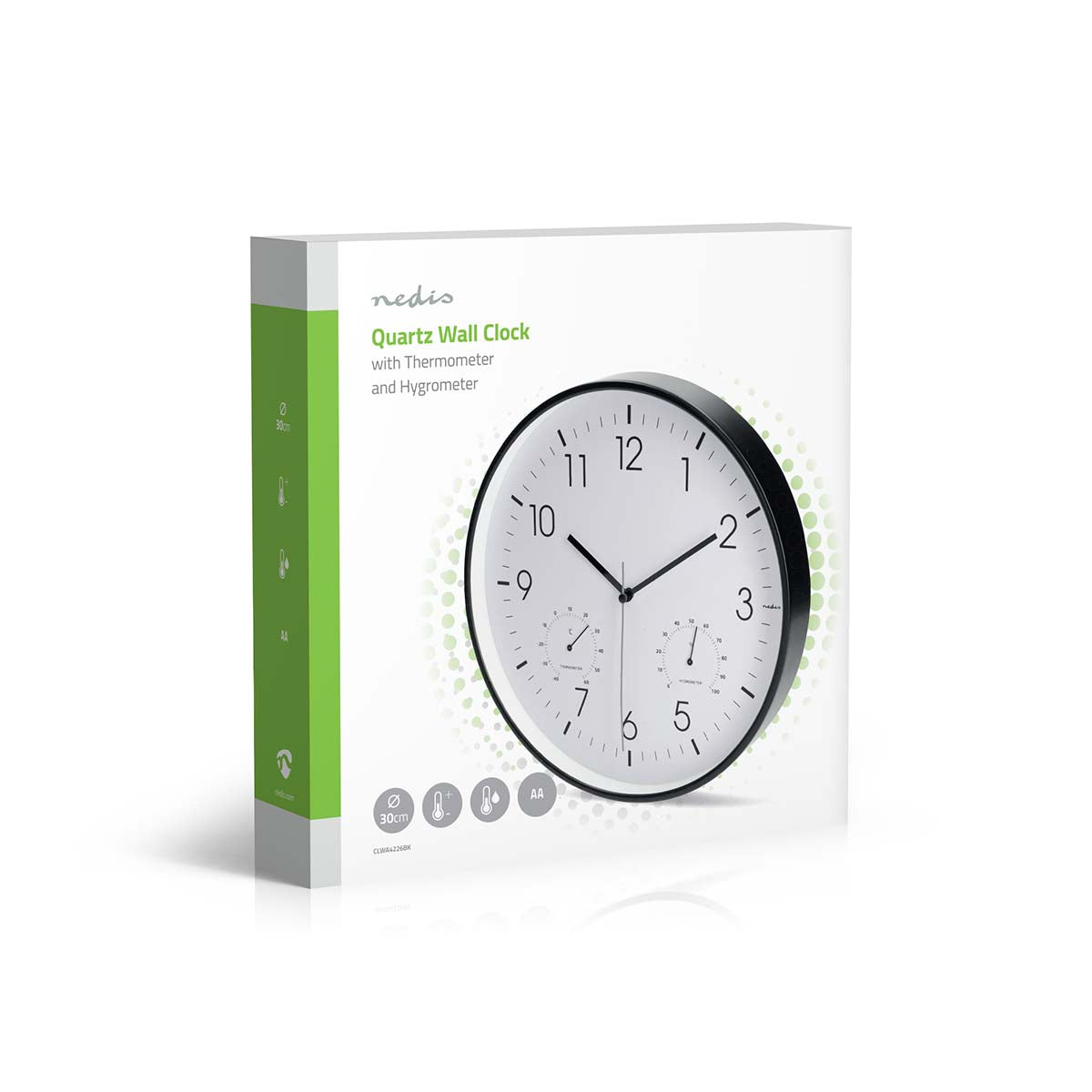 Wanduhr | Durchmesser: 300 mm | Kunststoff | Leise Bewegung | Thermometer | Hygrometer | Schwarz / Weiss