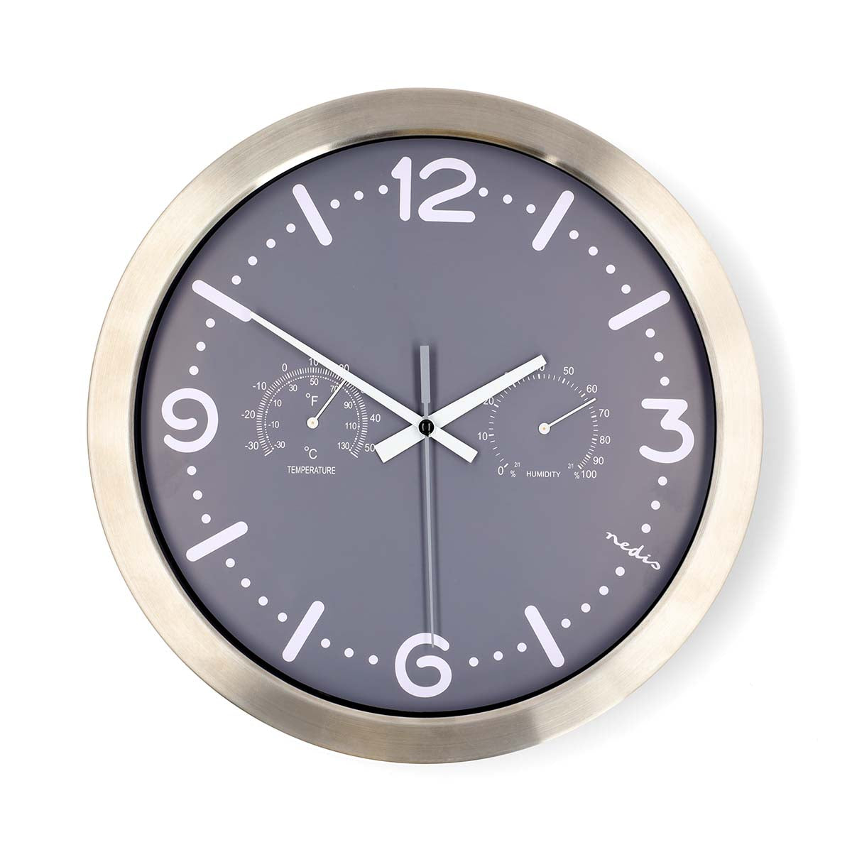 Wanduhr | Durchmesser: 300 mm | Edelstahl | Leise Bewegung | Thermometer | Hygrometer | Grau / Metall