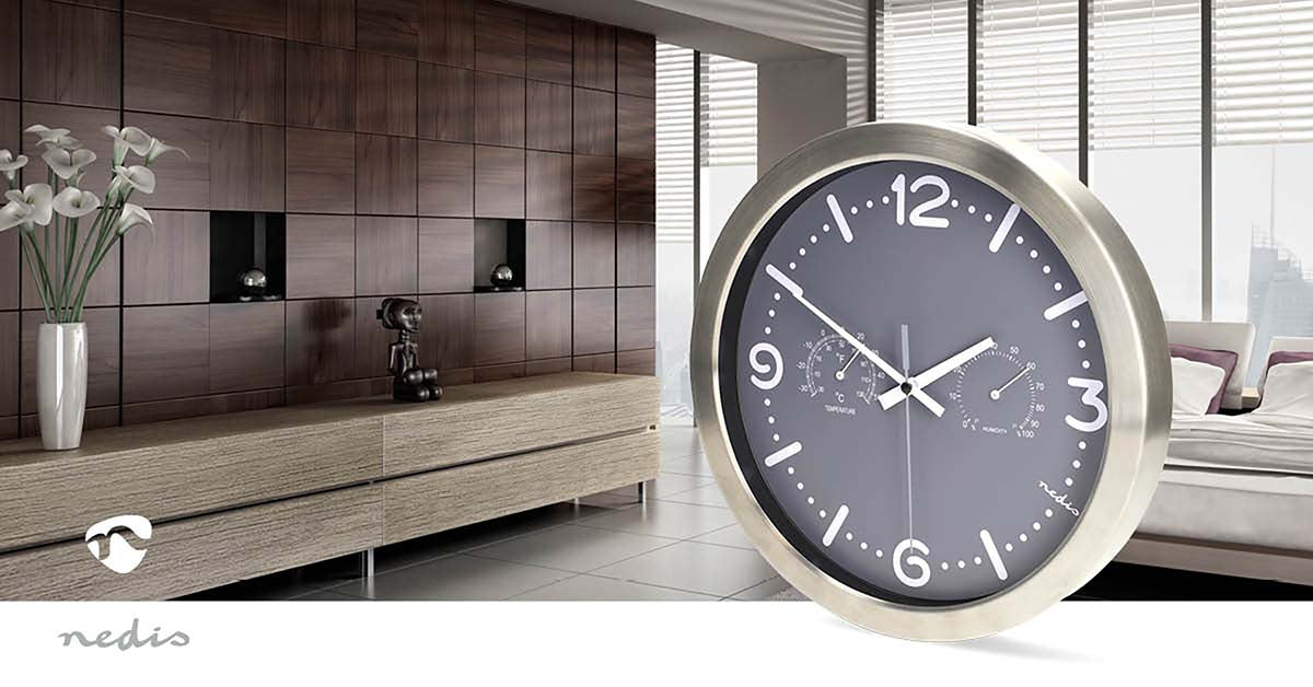 Wanduhr | Durchmesser: 300 mm | Edelstahl | Leise Bewegung | Thermometer | Hygrometer | Grau / Metall