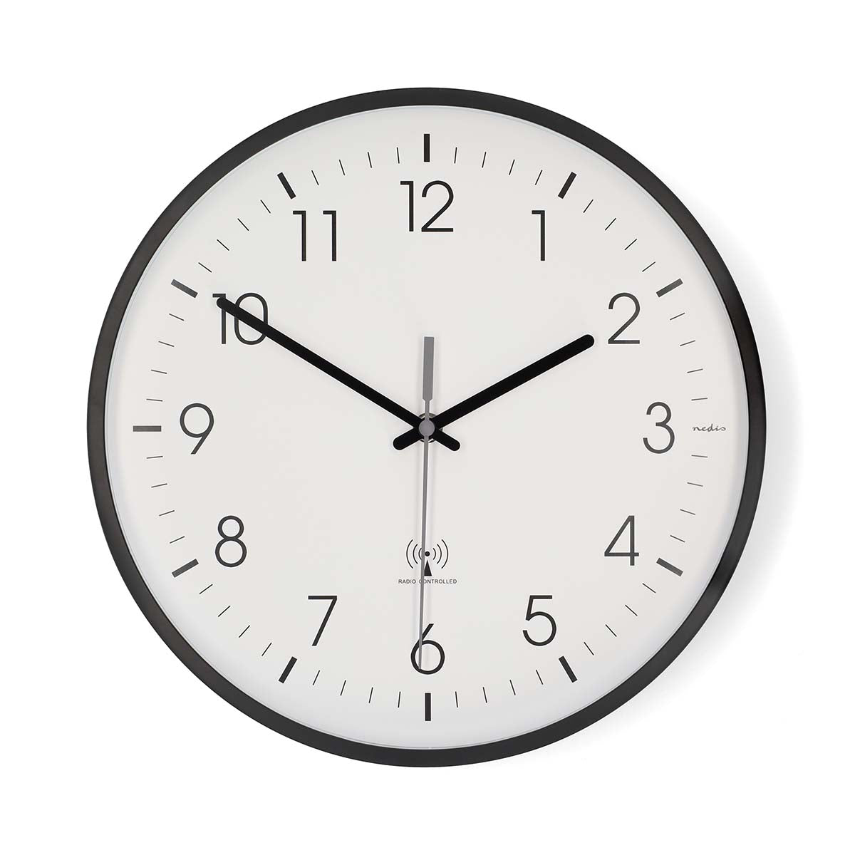 Wanduhr | Durchmesser: 300 mm | Kunststoff | Funkgesteuerte Zeit | Leise Bewegung | Schwarz / Weiss