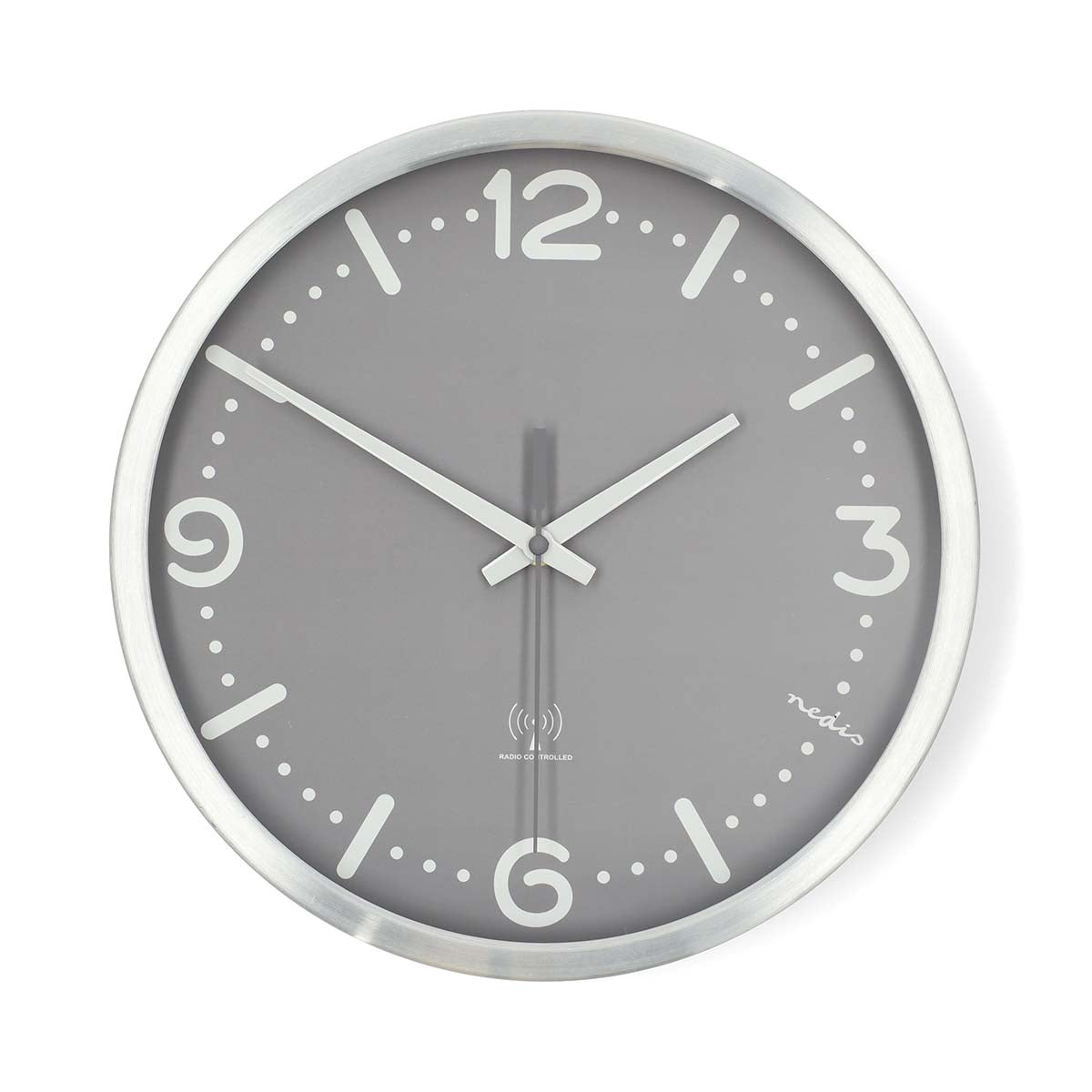 Wanduhr | Durchmesser: 300 mm | Aluminium | Funkgesteuerte Zeit | Leise Bewegung | Grau / Metall