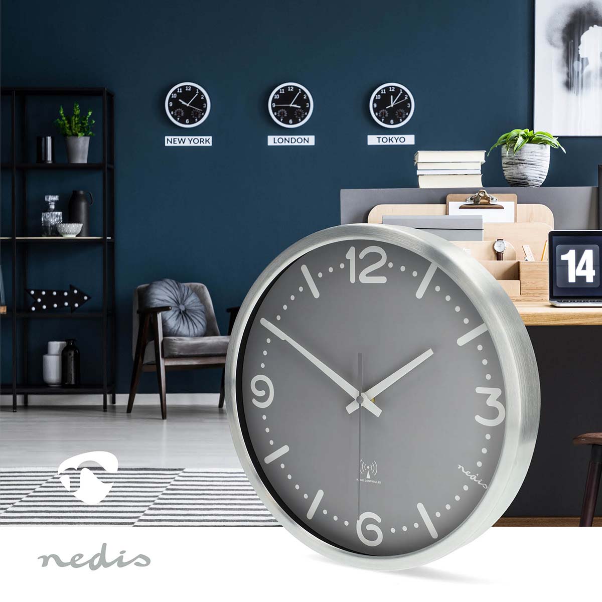 Wanduhr | Durchmesser: 300 mm | Aluminium | Funkgesteuerte Zeit | Leise Bewegung | Grau / Metall
