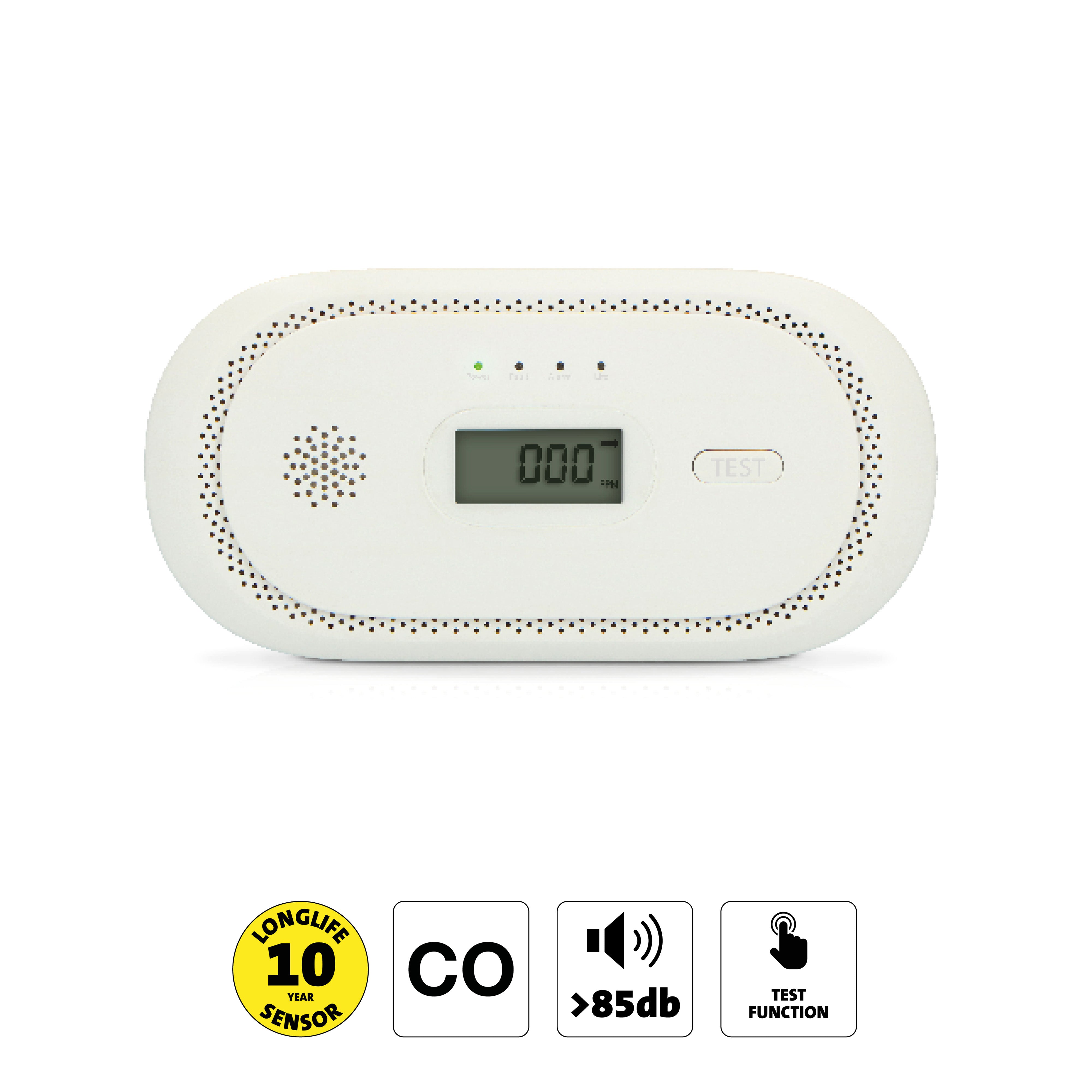 Kohlenmonoxidalarm mit 10 Jahren Sensorlaufzeit und Display