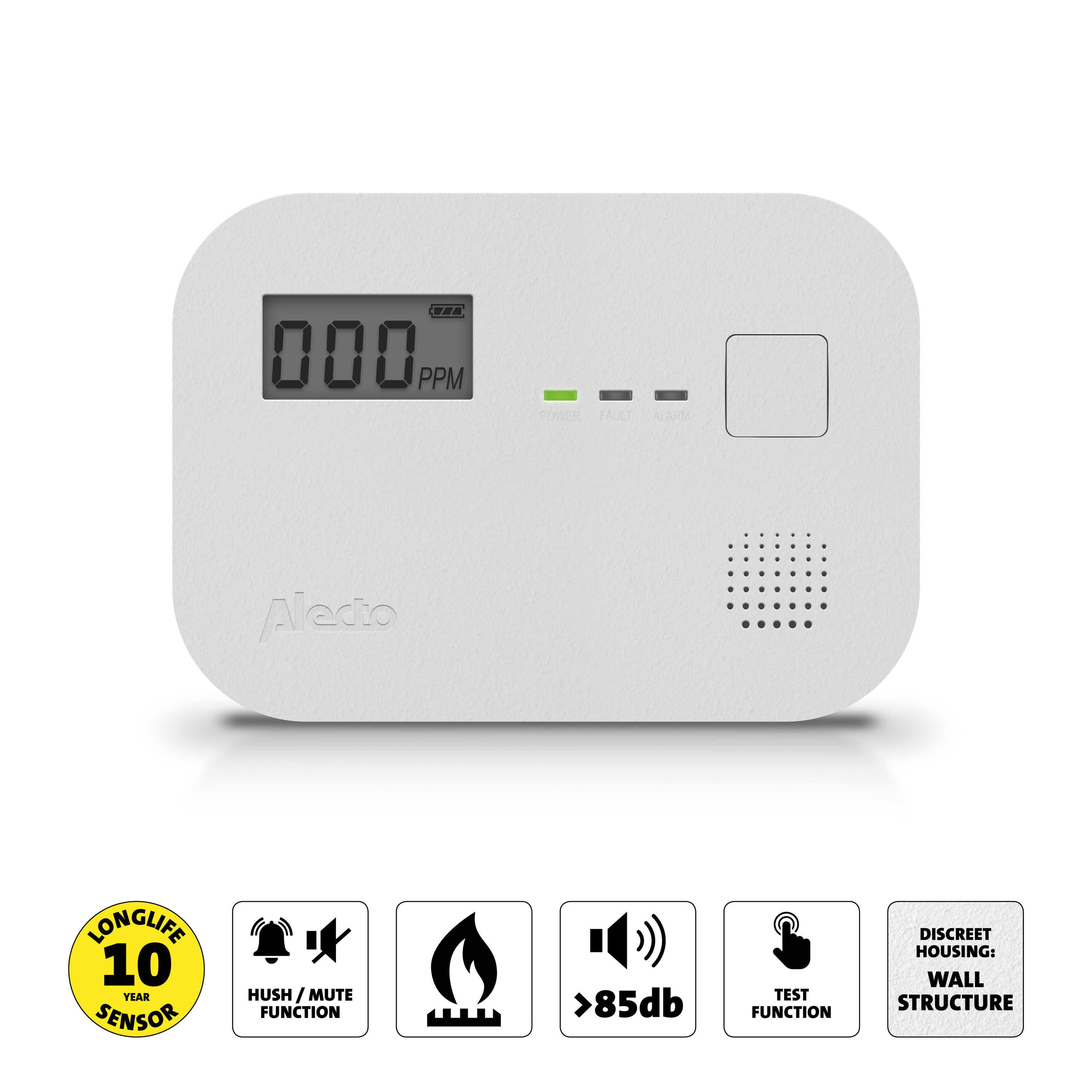 Kohlenmonoxidalarm mit 10 Jahren Sensorlaufzeit und Display