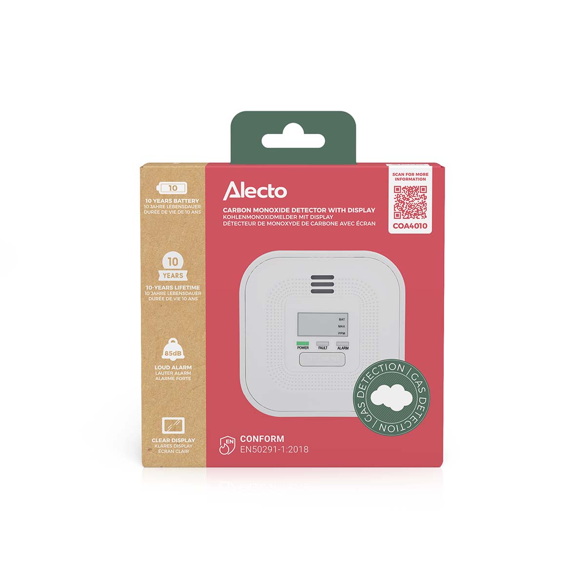 Kohlenmonoxidmelder mit Display und 10 Jahren Batterie- und Sensorlaufzeit Weiß