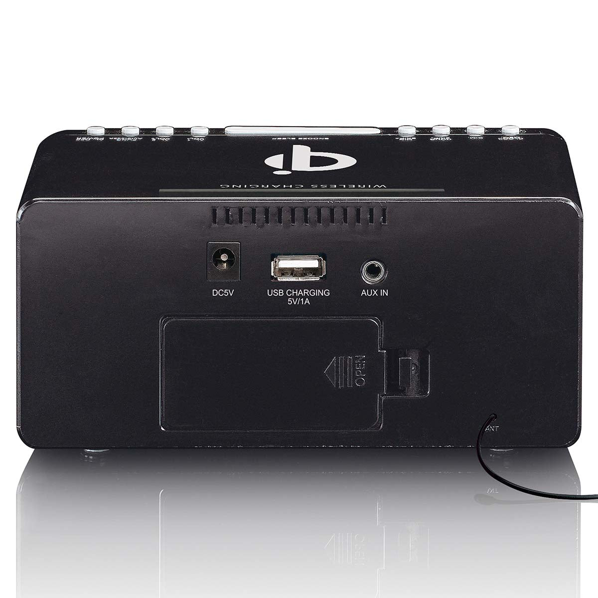 Stereo FM Radiowecker mit USB und Qi Wireless Smartphone-Ladung Schwarz