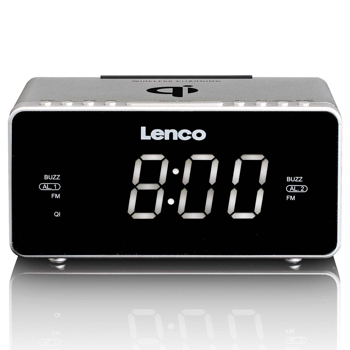 Stereo FM Uhrenradio mit USB und Qi Wireless Smartphone Aufladung Silber