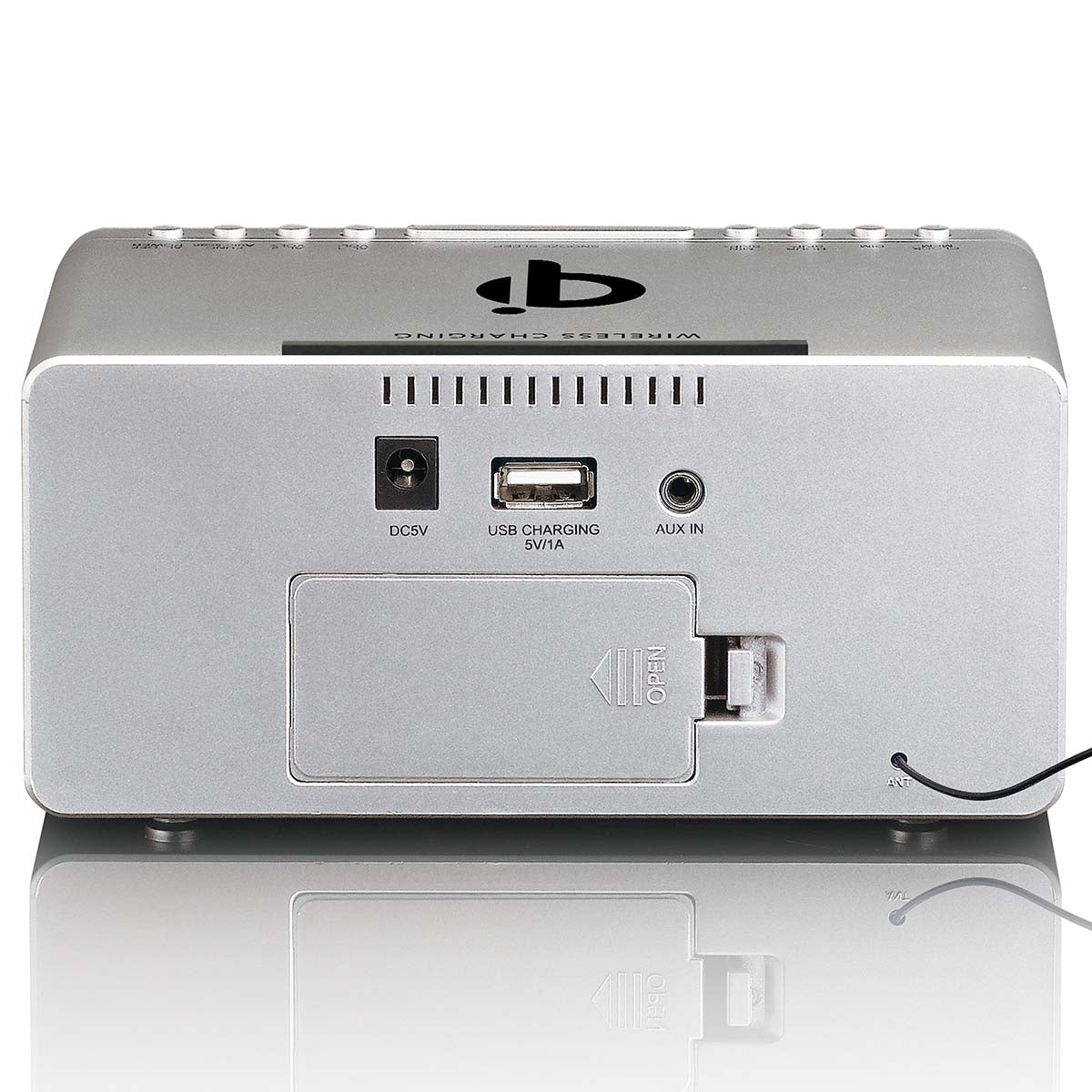 Stereo FM Uhrenradio mit USB und Qi Wireless Smartphone Aufladung Silber