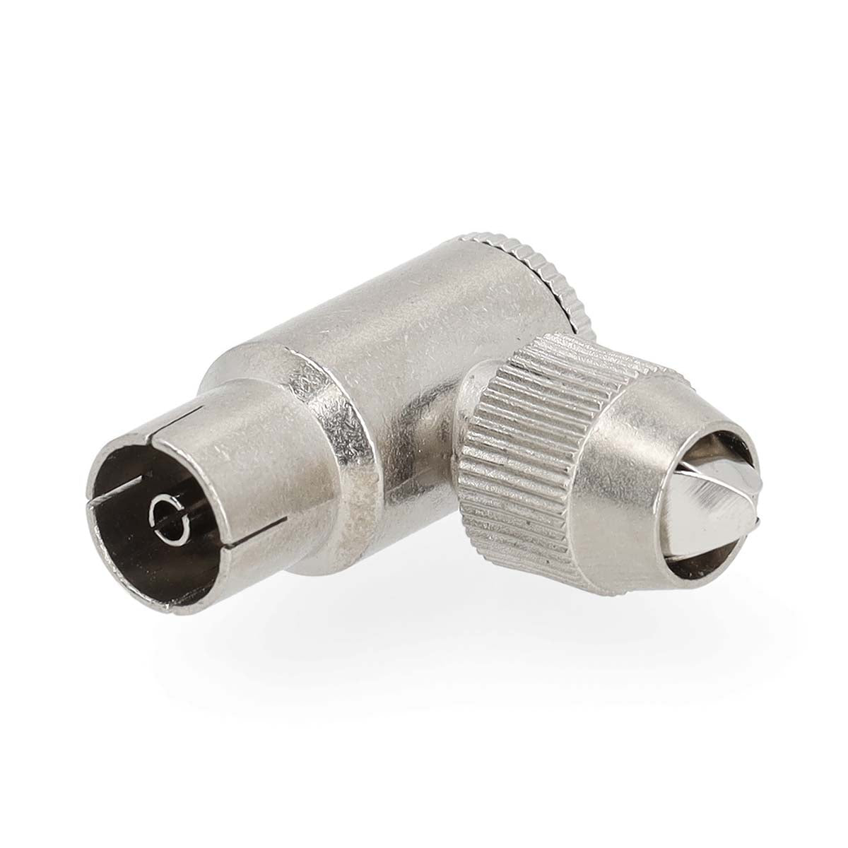 IEC (Coax) Stecker | 90° abgewinkelt | Buchse | Vernickelt | 75 Ohm | Schraube | Kabeleingangsdurchmesser: 7.0 mm | Metall | Silber | 2 Stück | Gift Box with Euro Lock