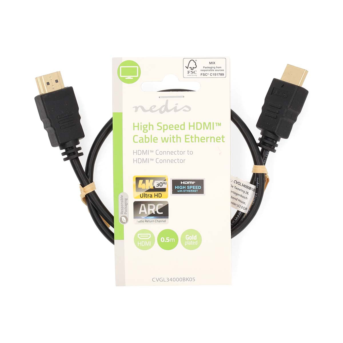 High Speed HDMI ™ Kabel mit Ethernet | HDMI™ Stecker | HDMI™ Stecker | 4K@30Hz | ARC | 10.2 Gbps | 0.50 m | Rund | PVC | Schwarz | Label