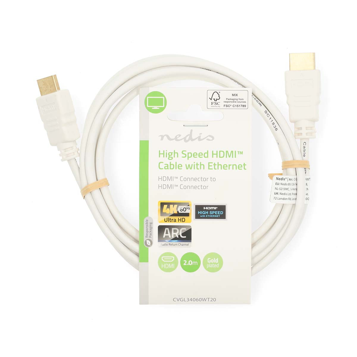 High Speed HDMI ™ Kabel mit Ethernet | HDMI™ Stecker | HDMI™ Stecker | 4K@60Hz | ARC | 18 Gbps | 2.00 m | Rund | PVC | Weiss | Label