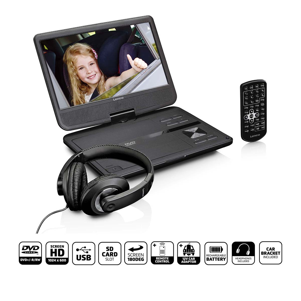 Tragbarer 10" DVD-Player mit USB -Kopfhörer-Aufhängevorrichtung Schwarz