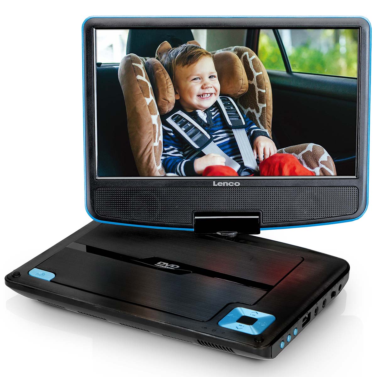 Tragbarer 9"-DVD-Player mit USB-Kopfhörer und Halterung Blau/Schwarz
