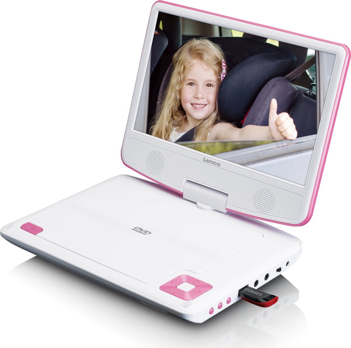 Tragbarer 9"-DVD-Player mit USB-Kopfhörer und Halterung Rosa / Weiß