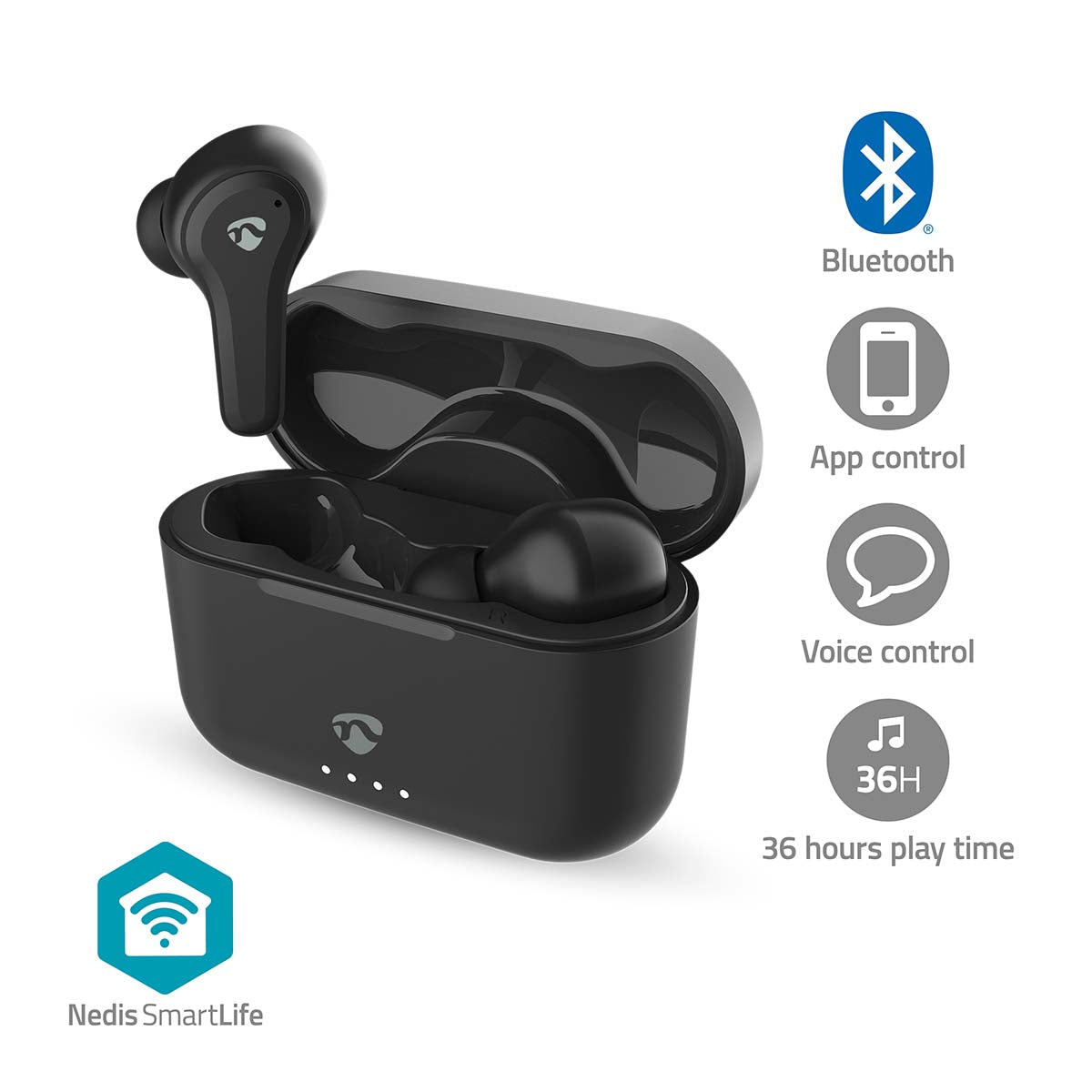 Vollständig drahtlose Kopfhörer | Hybrid (ENC + ANC) | Bluetooth® | max. Batteriespielzeit: 36 Std | Berührungssteuerung | Ladegehäuse | Kabelloses Ladegehäuse | Eingebautes Mikro | Stimmkontrolle | Schwarz