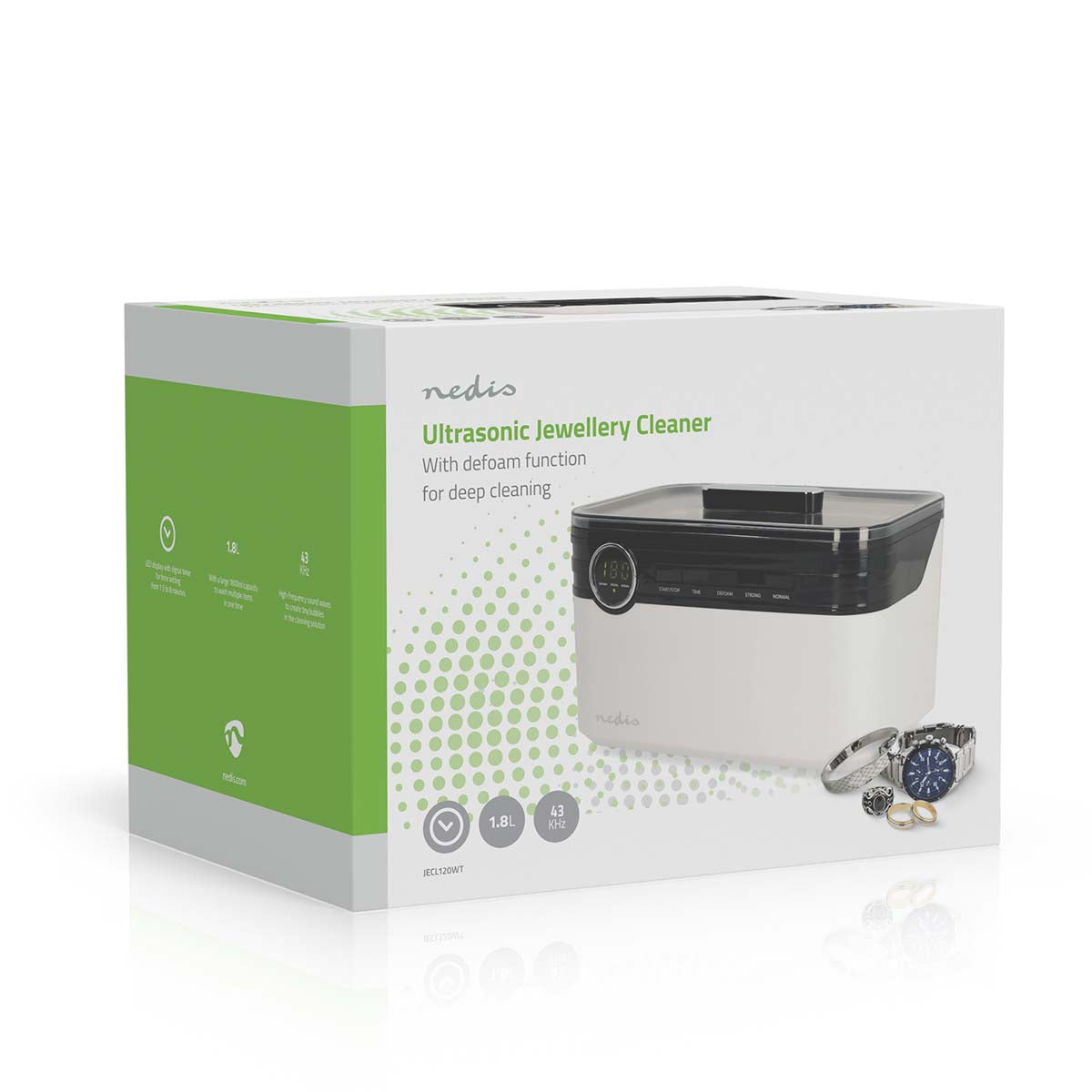 Ultraschall-Schmuck-Reiniger | Netzstromversorgung | 220 - 240 V AC 50/60 Hz | Euro / Typ-C (CEE 7/16) | Weiss | Kunststoff