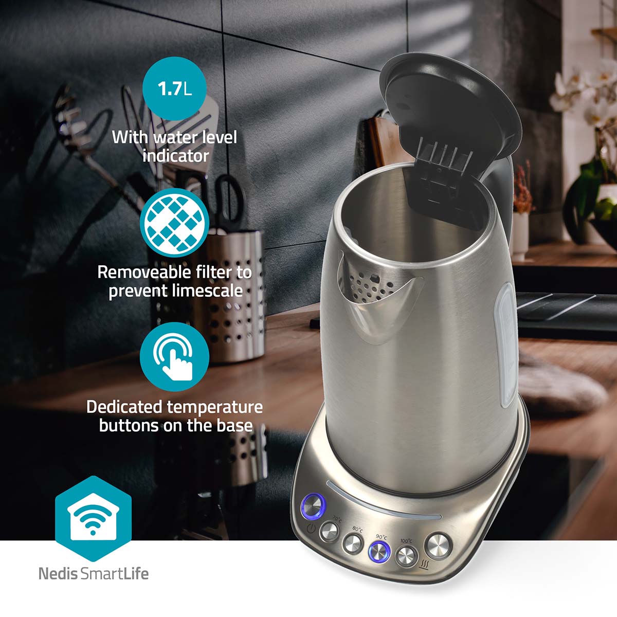 SmartLife Wasserkocher | Wi-Fi | 1.7 l | Edelstahl | 70,80,90,100 °C | Temperaturanzeige | Um 360 Grad drehbar | Verdecktes Heizelement | Strix® Controller | Android™ / IOS