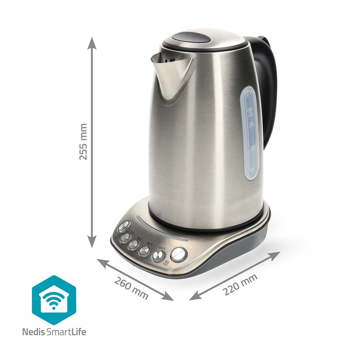 SmartLife Wasserkocher | Wi-Fi | 1.7 l | Edelstahl | 70,80,90,100 °C | Temperaturanzeige | Um 360 Grad drehbar | Verdecktes Heizelement | Strix® Controller | Android™ / IOS