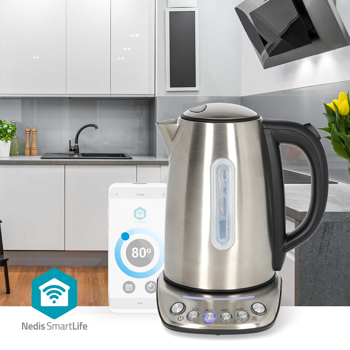 SmartLife Wasserkocher | Wi-Fi | 1.7 l | Edelstahl | 70,80,90,100 °C | Temperaturanzeige | Um 360 Grad drehbar | Verdecktes Heizelement | Strix® Controller | Android™ / IOS