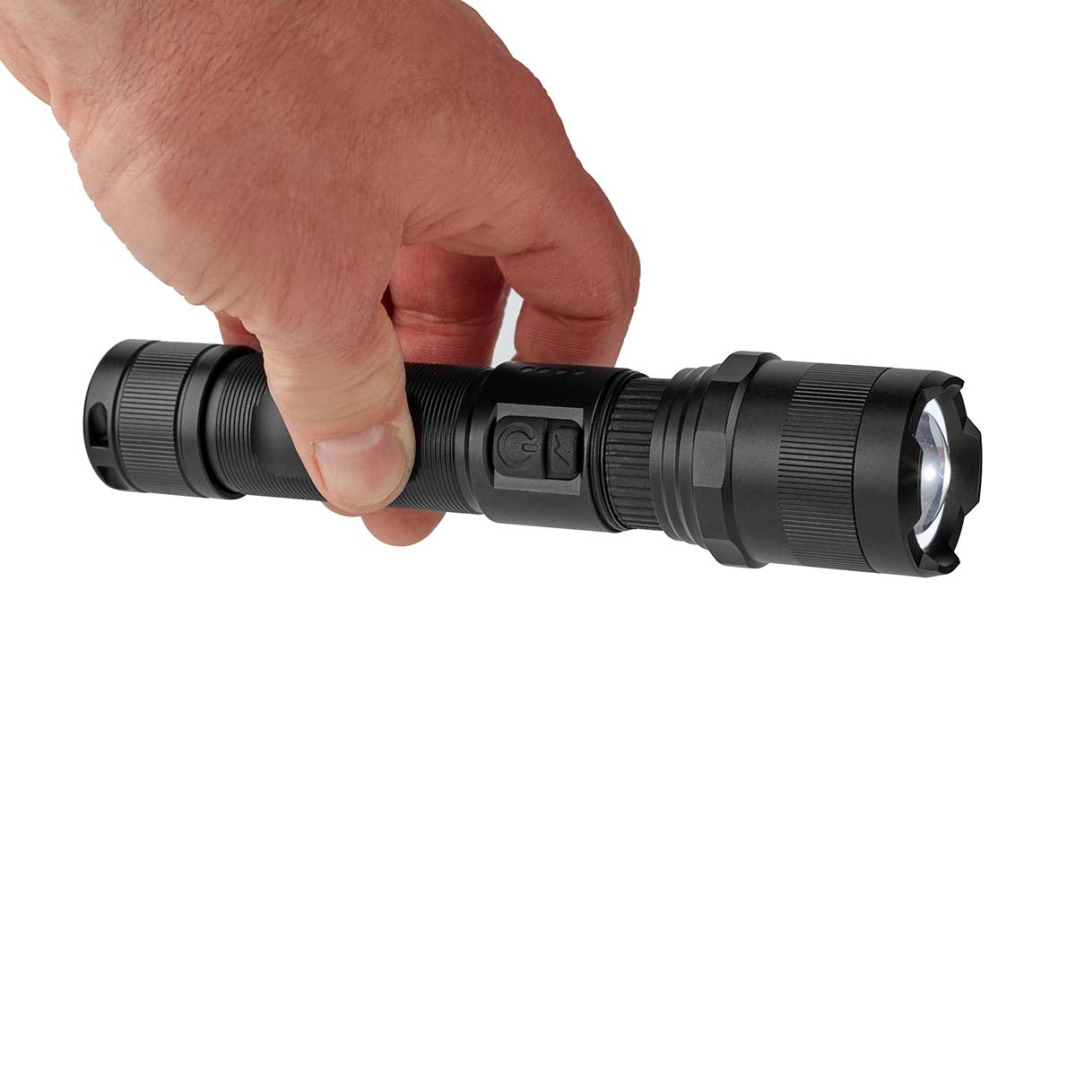 LED-Taschenlampe | Batteriebetrieben | 3.7 V DC | 10 W | N/A | Batterien enthalten | Wiederaufladbar | Nennlichtstrom: 1000 lm | Lichtbereich: 110 m | Strahlungswinkel: 9.5 °