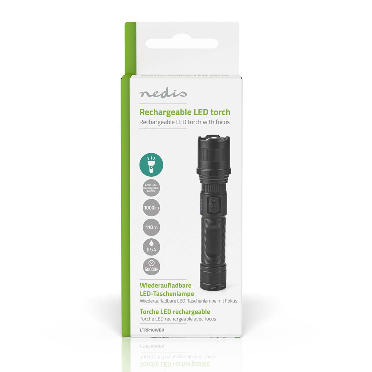 LED-Taschenlampe | Batteriebetrieben | 3.7 V DC | 10 W | N/A | Batterien enthalten | Wiederaufladbar | Nennlichtstrom: 1000 lm | Lichtbereich: 110 m | Strahlungswinkel: 9.5 °