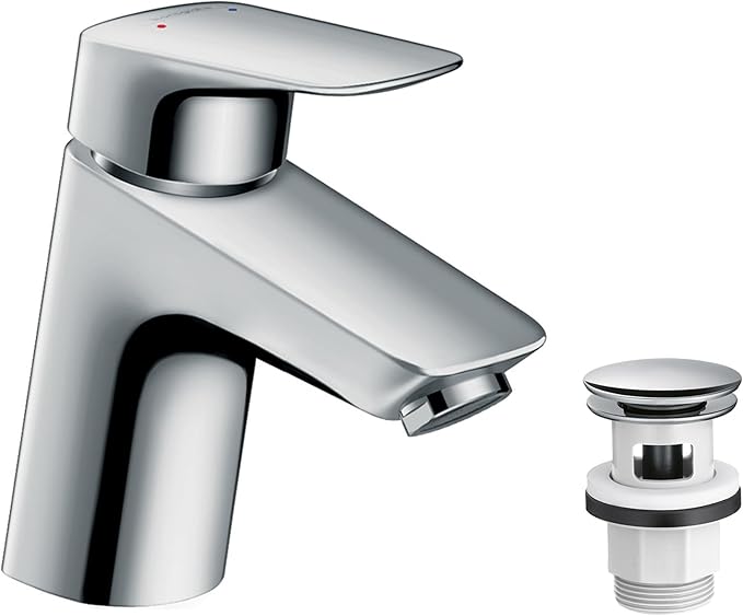 hansgrohe Wasserhahn Logis für Niederdruck (Armatur mit Auslauf Höhe 70mm und Push-Open Ablaufgarnitur) Chrom