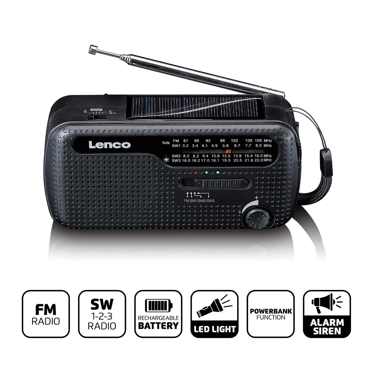 Portable wind-up emergency radio flashlight and power bank in one - Black