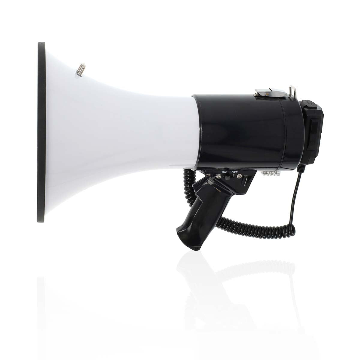 Megaphon | Maximale Reichweite: 1500 m | max. Lautstärke-Regler: 120 dB | Abnehmbares Mikrofon | Eingebaute Sirene | Aufnahmefunktion | USB Wiedergabe | Schulterriemen | Schwarz / Weiss