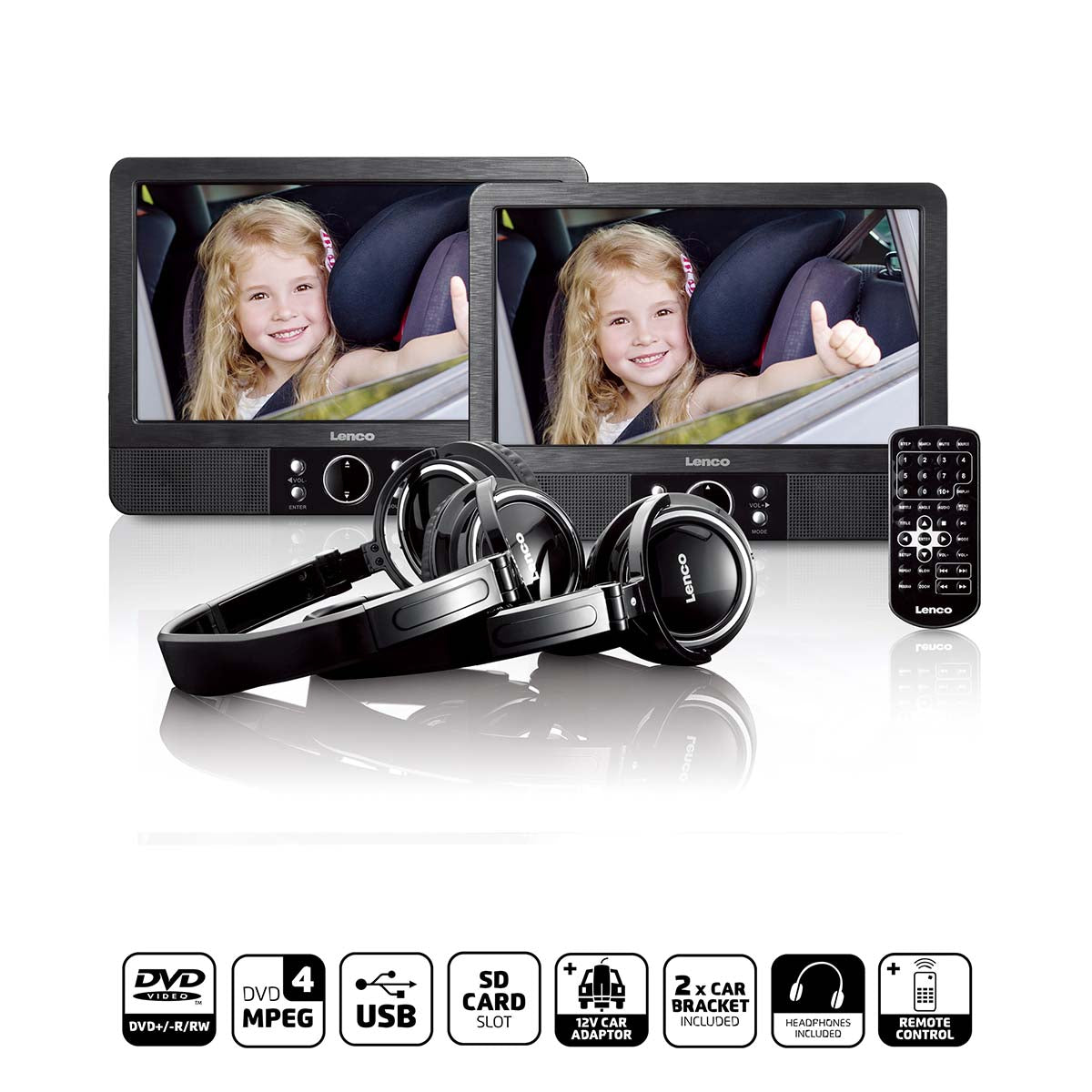 9 Zoll DVD-Doppelbildschirm mit Halterungen und Kopfhörer Schwarz