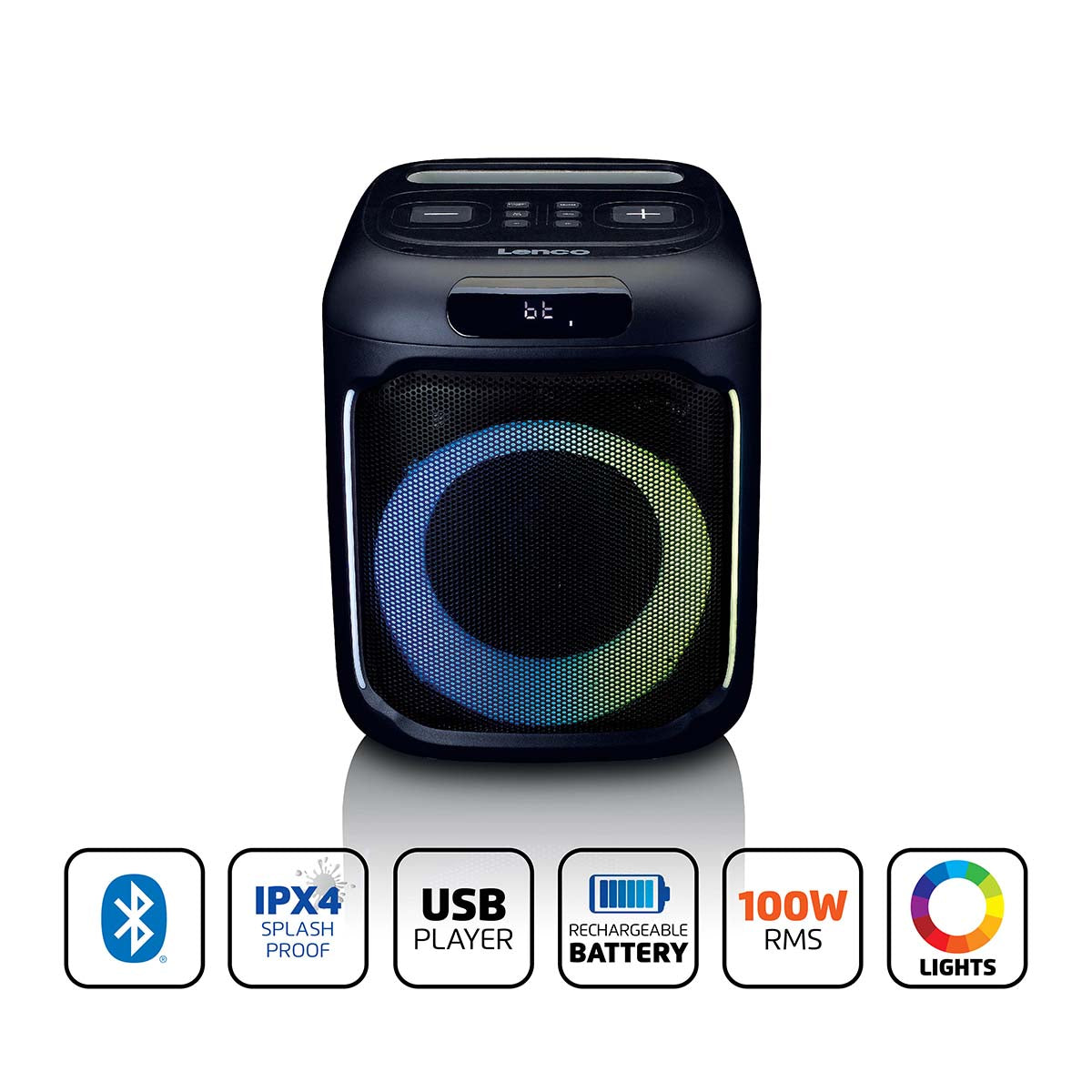 Kompakter IPX4 Bluetooth® Party-Lautsprecher mit drahtlosem Mikrofon