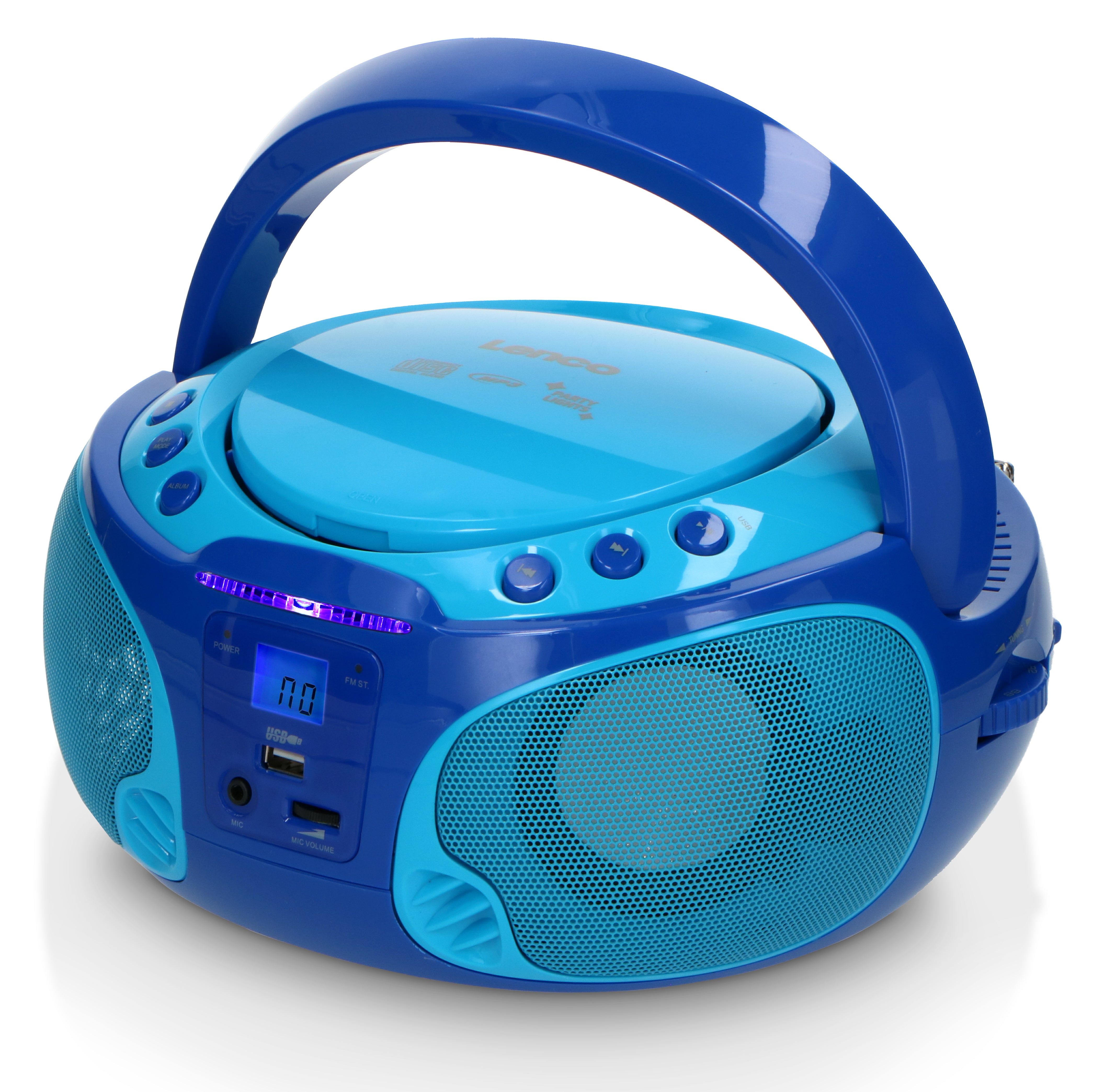 Tragbares FM Radio CD/MP3/USB Mikrofon & Lichteffekte Blau